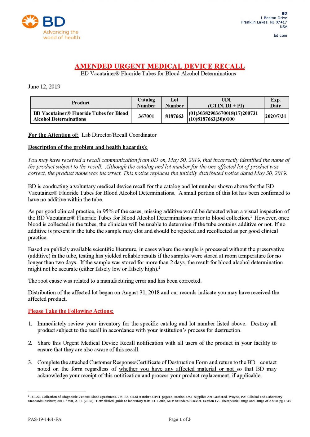 BD Vacutainer Recall Page 1