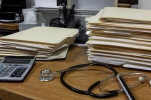 Medical billing files and a stethoscope on a desk