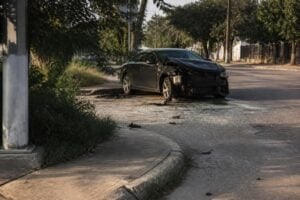 A wrecked car and scattered glass on a Houston street corner, late afternoon light