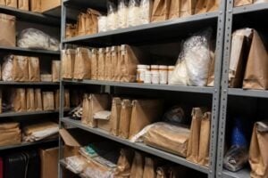 Police evidence room shelves with sealed evidence bags