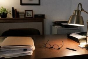 A defense attorney's desk with a stack of case files and reading glasses, lamp light